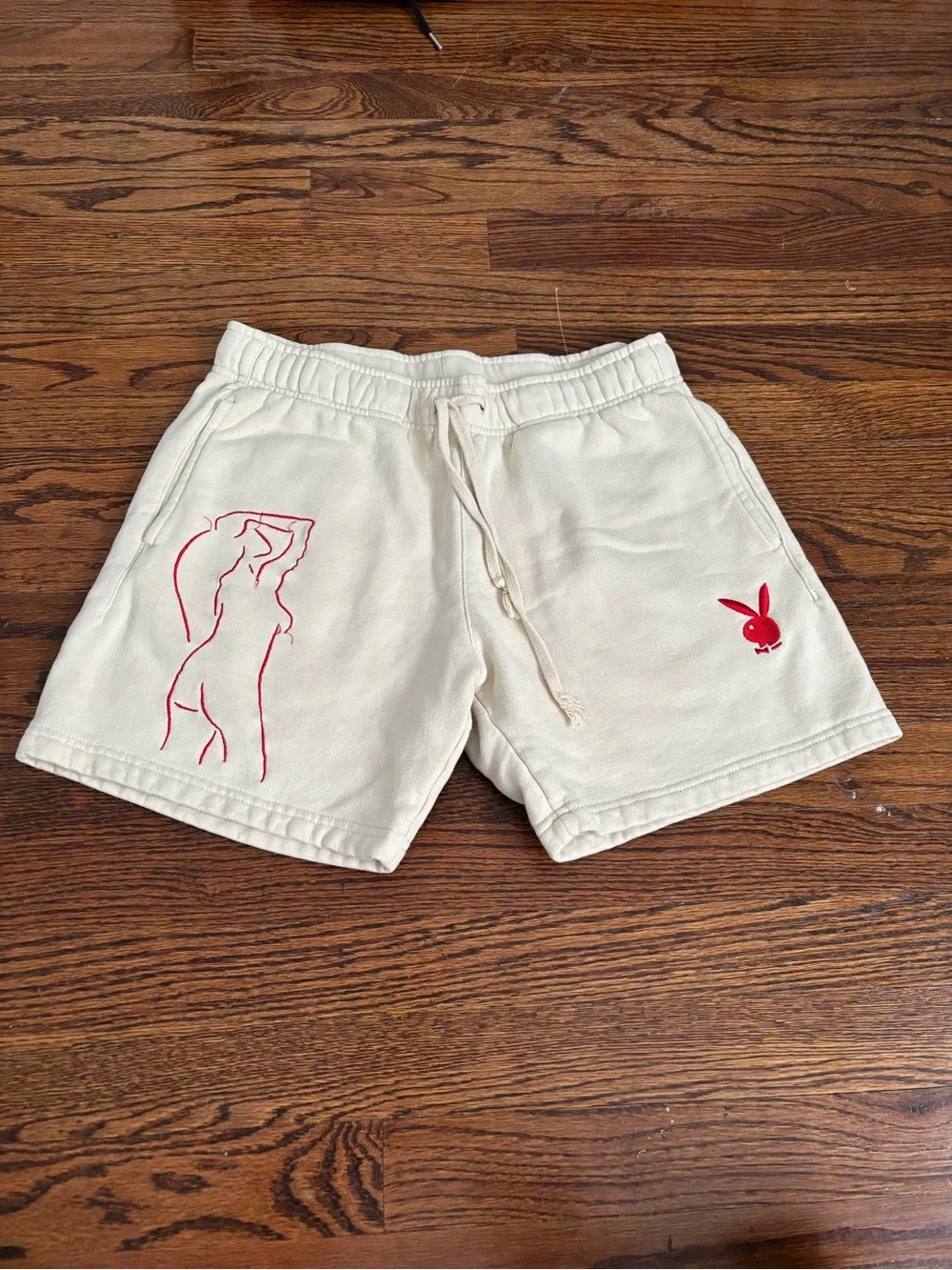 Playboy Men’s Cream Lounge Shorts with Red Bunny and Silhouette Size Small